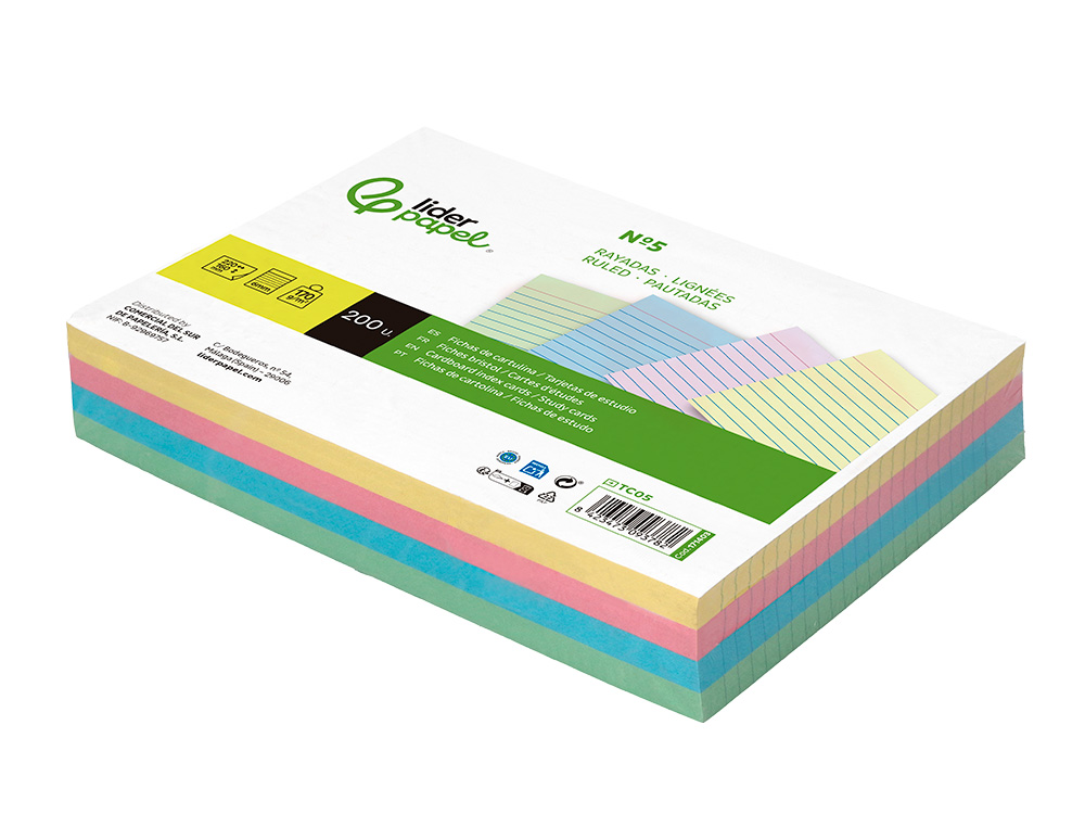 TARJETA LIDERPAPEL PARA ESTUDIAR RAYADA CARTULINA DE COLORES 170GR 160X220MM PAQUETE DE 200 UNIDADES