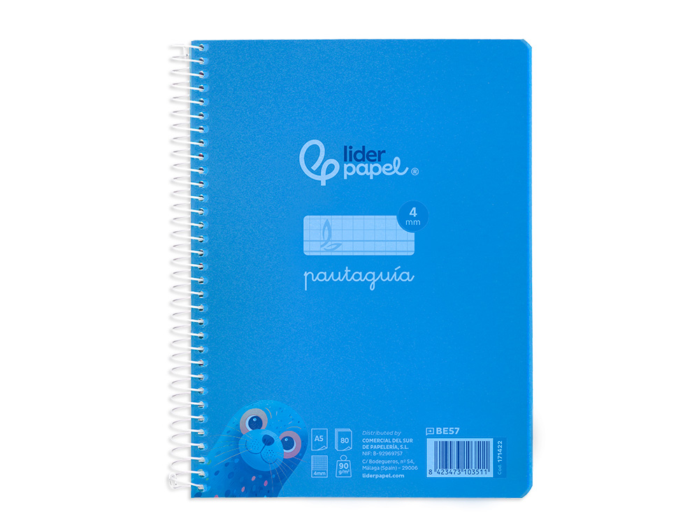 CUADERNO ESPIRAL LIDERPAPEL A5 PAUTAGUIA TAPA PLASTICO 80H 90GR CUADRO PAUTADO 4MM CON MARGEN COLOR AZUL