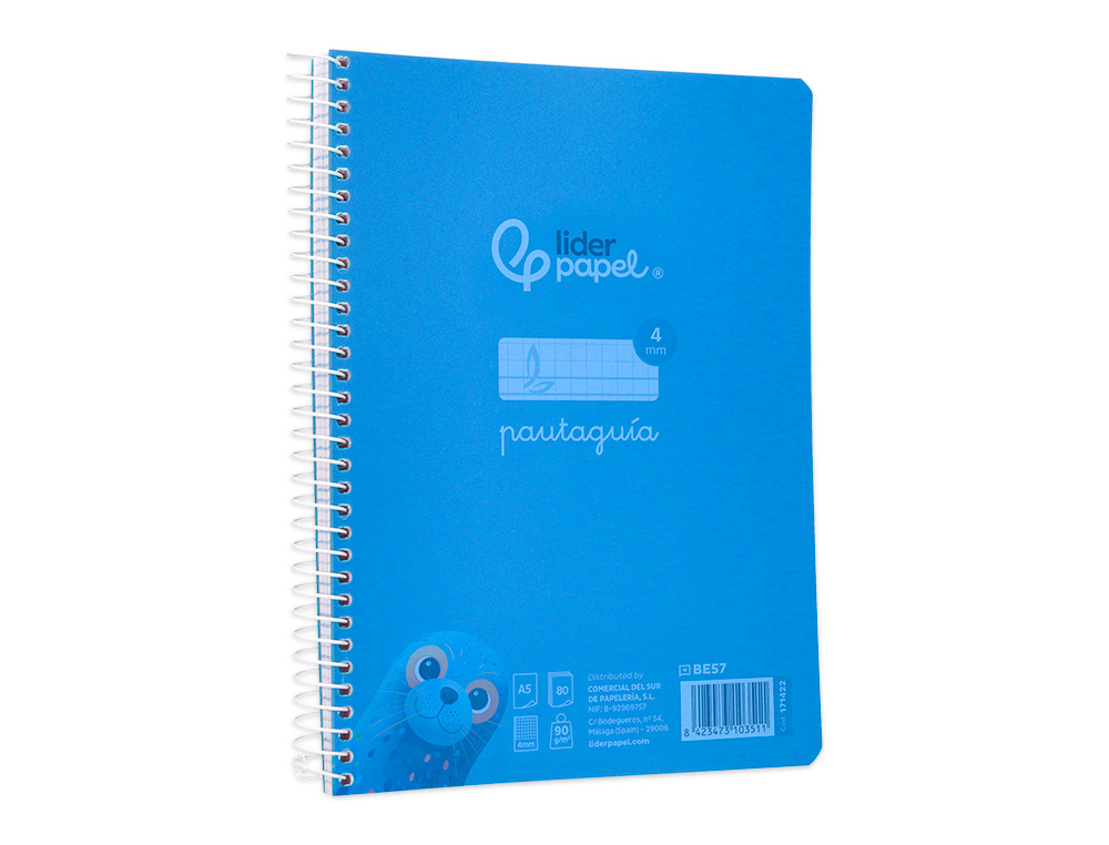 CUADERNO ESPIRAL LIDERPAPEL A5 PAUTAGUIA TAPA PLASTICO 80H 90GR CUADRO PAUTADO 4MM CON MARGEN COLOR AZUL
