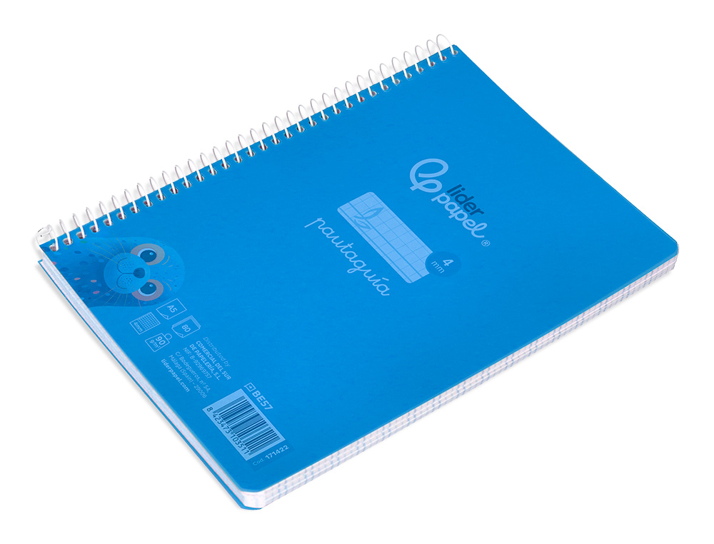 CUADERNO ESPIRAL LIDERPAPEL A5 PAUTAGUIA TAPA PLASTICO 80H 90GR CUADRO PAUTADO 4MM CON MARGEN COLOR AZUL
