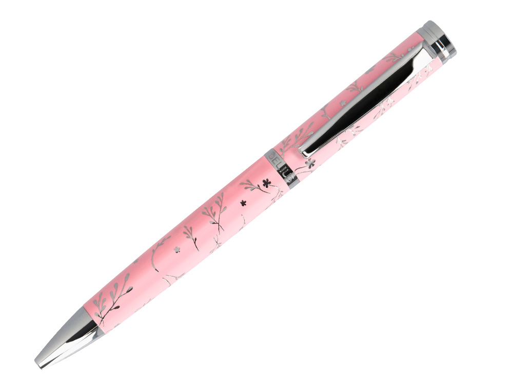 BOLIGRAFO BELIUS BELLA ALUMINIO COLOR ROSA DISEO PLATEADO RELIEVE TINTA AZUL CAJA DE DISEO