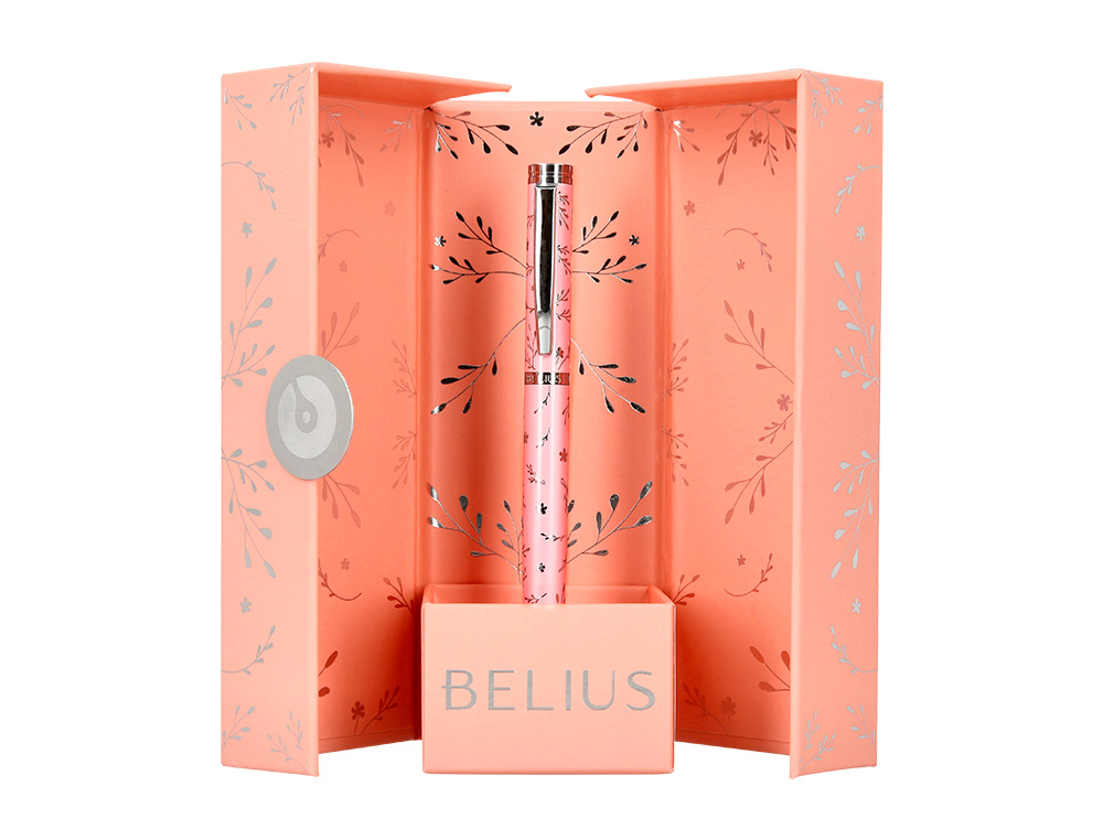 BOLIGRAFO BELIUS BELLA ALUMINIO COLOR ROSA DISEO PLATEADO RELIEVE TINTA AZUL CAJA DE DISEO