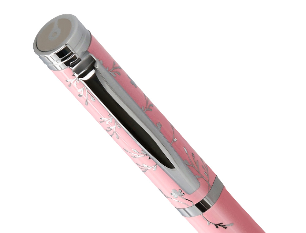 BOLIGRAFO BELIUS BELLA ALUMINIO COLOR ROSA DISEO PLATEADO RELIEVE TINTA AZUL CAJA DE DISEO