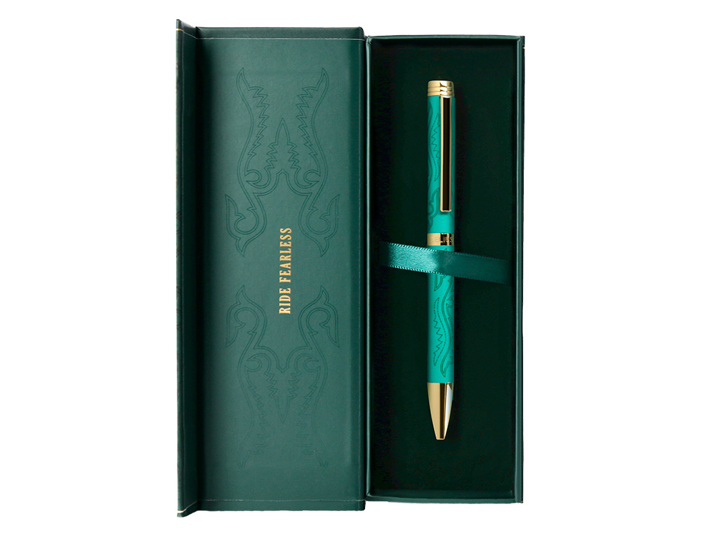 BOLIGRAFO BELIUS WILD WEST ALUMINIO COLOR VERDE TINTA COLOR AZUL CAJA DE DISEÑO