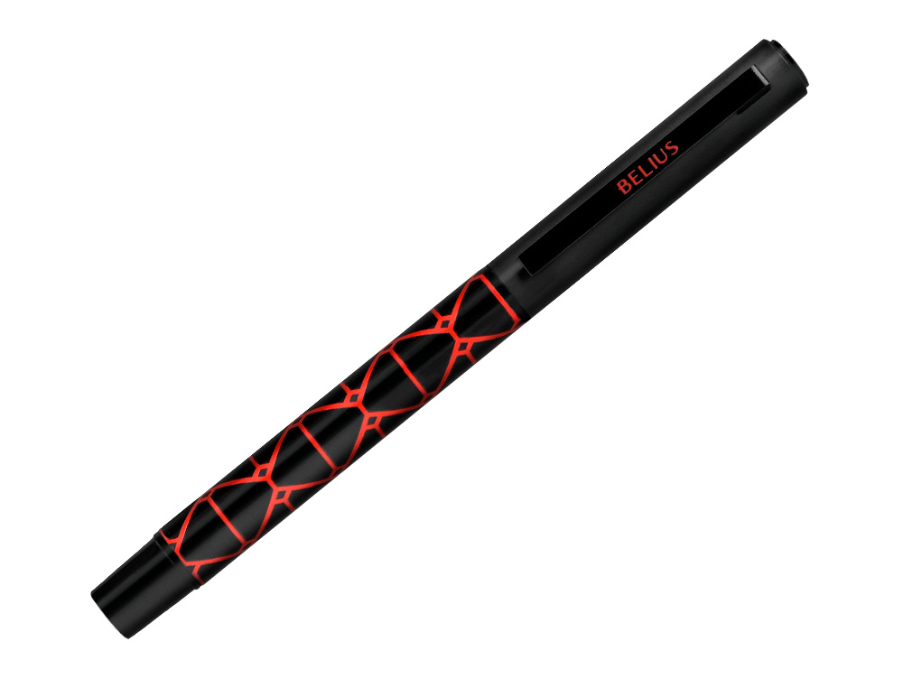 BOLIGRAFO BELIUS LEGACY ALUMINIO DISEO TRIANGULO ROJO CUERPO NEGRO TINTA COLOR AZUL CAJA DE DISEO