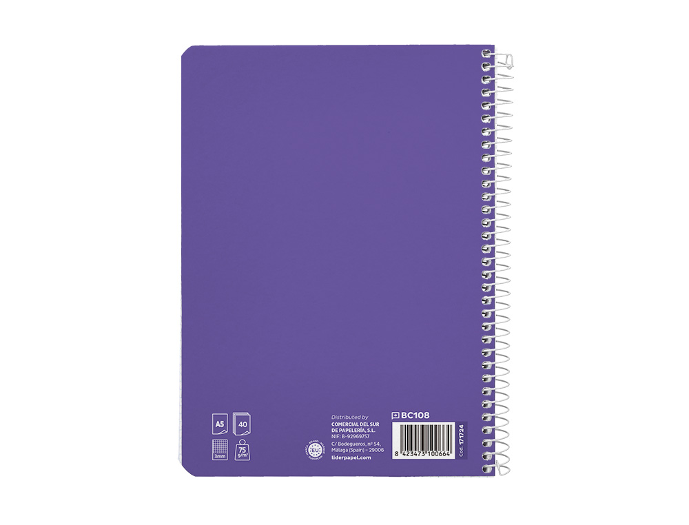 CUADERNO ESPIRAL LIDERPAPEL A5 PAUTAGUIA TAPA BLANDA 40H 75GR CUADRO PAUTADO 3MM COLOR LILA