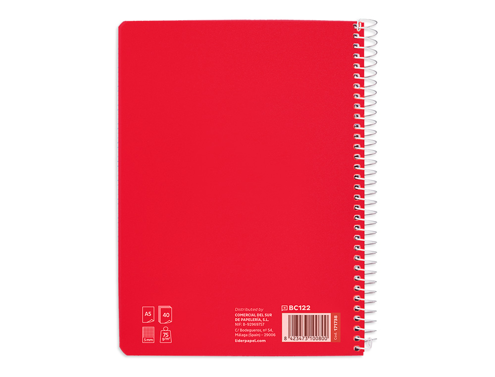 CUADERNO ESPIRAL LIDERPAPEL A5 PAUTAGUIA TAPA BLANDA 40H 75 GR CUADRO PAUTADO 5MM COLOR ROJO
