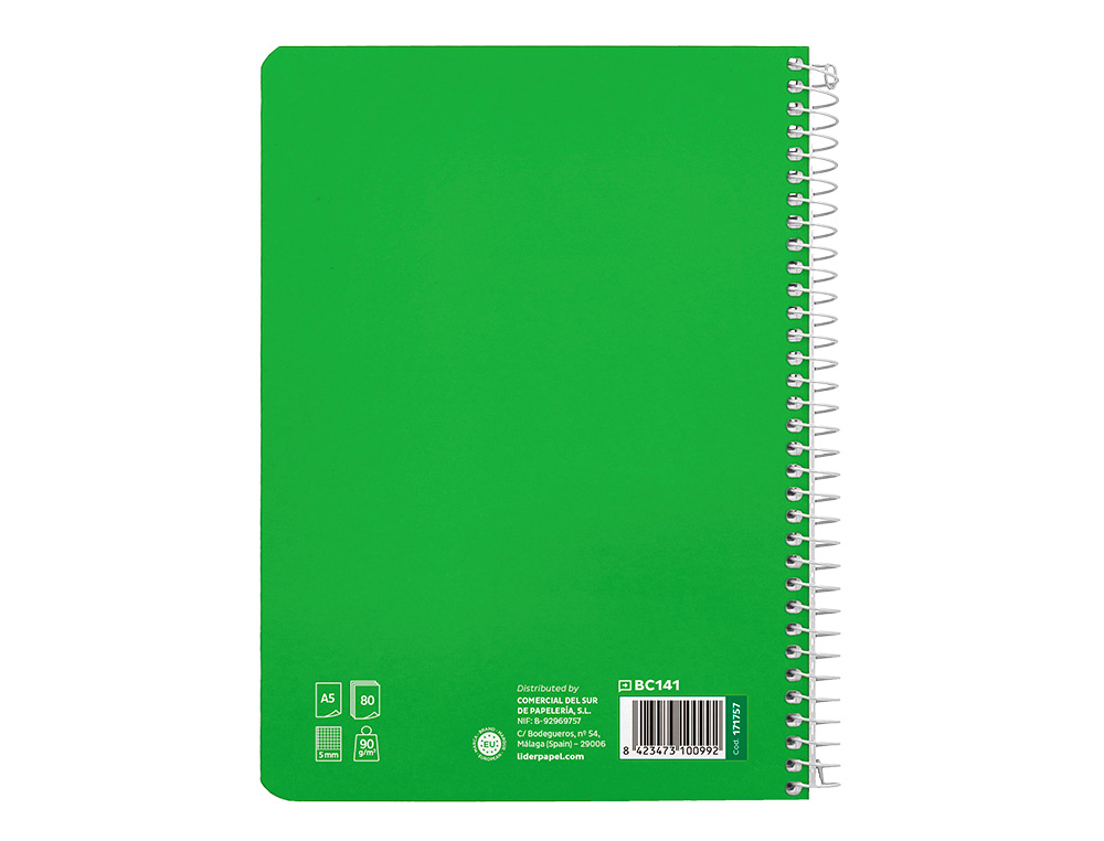 CUADERNO ESPIRAL LIDERPAPEL A5 PAUTAGUIA TAPA DURA 80H 90 GR CUADRO PAUTADO 5MM COLOR VERDE