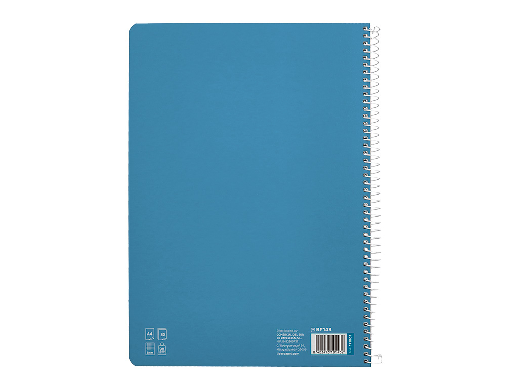 CUADERNO ESPIRAL LIDERPAPEL DIN A4 PAUTAGUIA TAPA DURA 80H 90 GR CUADRO PAUTADO 5MM COLOR AZUL