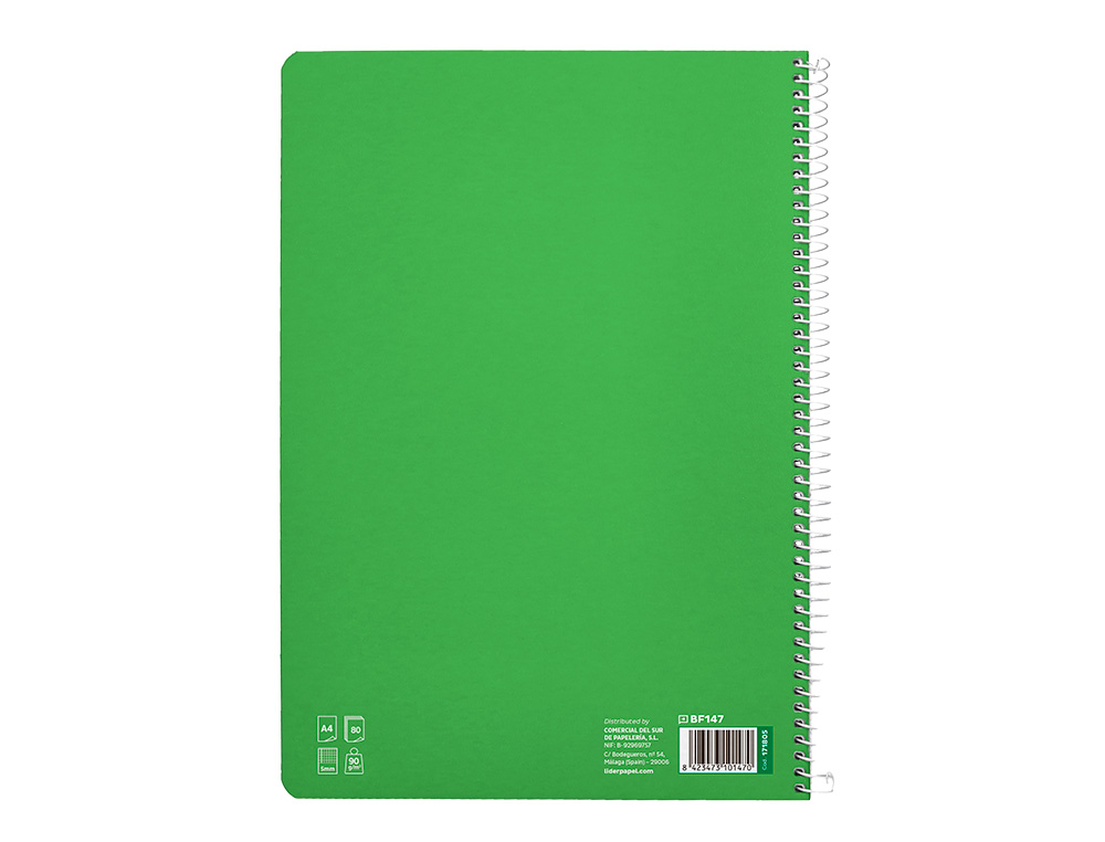 CUADERNO ESPIRAL LIDERPAPEL DIN A4 PAUTAGUIA TAPA DURA 80H 90 GR CUADRO PAUTADO 5MM COLOR VERDE