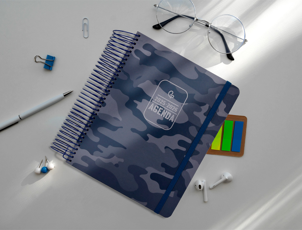 AGENDA ESCOLAR LIDERPAPEL 25-26 ESPIRAL PATTERNS MILITAR GRIS DIA PAGINA A5 BILINGE PAPEL FSC 80 GR