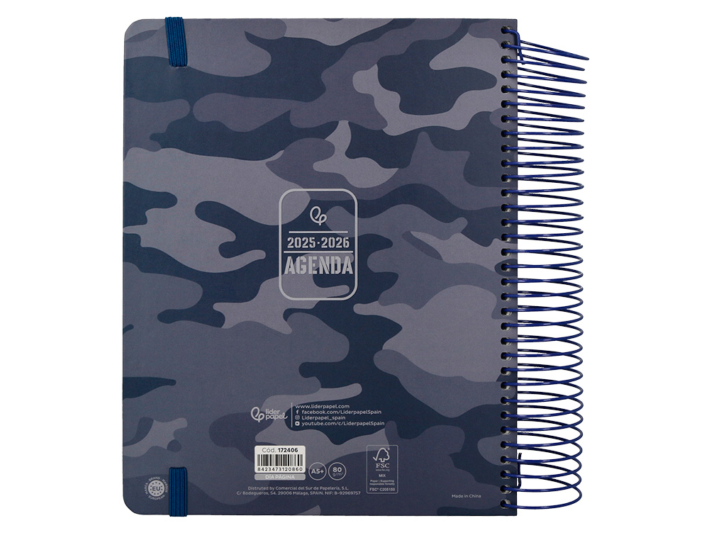 AGENDA ESCOLAR LIDERPAPEL 25-26 ESPIRAL PATTERNS MILITAR GRIS DIA PAGINA A5 BILINGE PAPEL FSC 80 GR