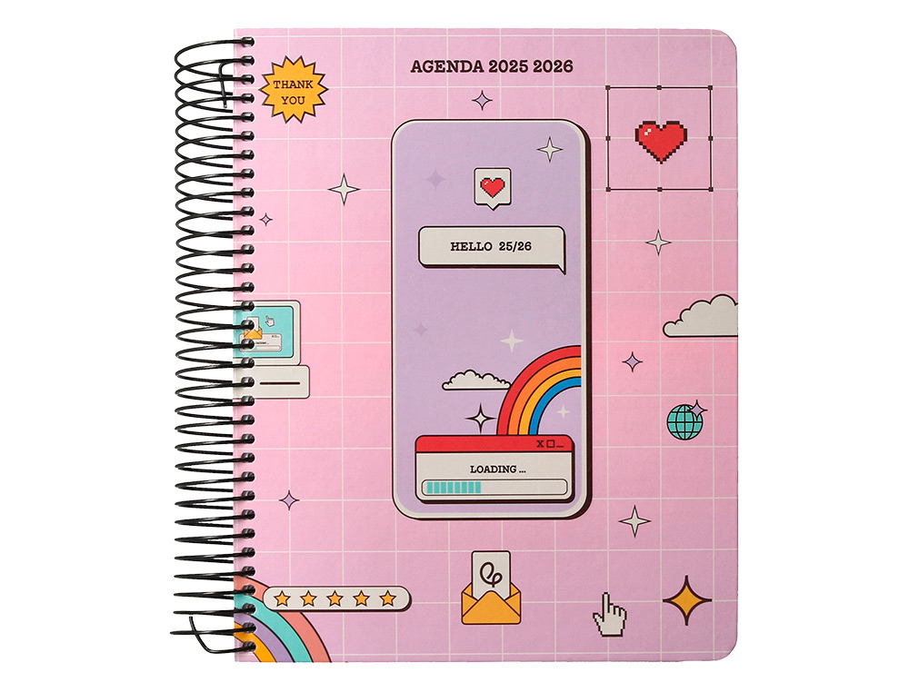 AGENDA ESCOLAR LIDERPAPEL 25-26 ESPIRAL PIXEL ROSA DIA PAGINA A5 BILINGE PAPEL FSC 80 GR