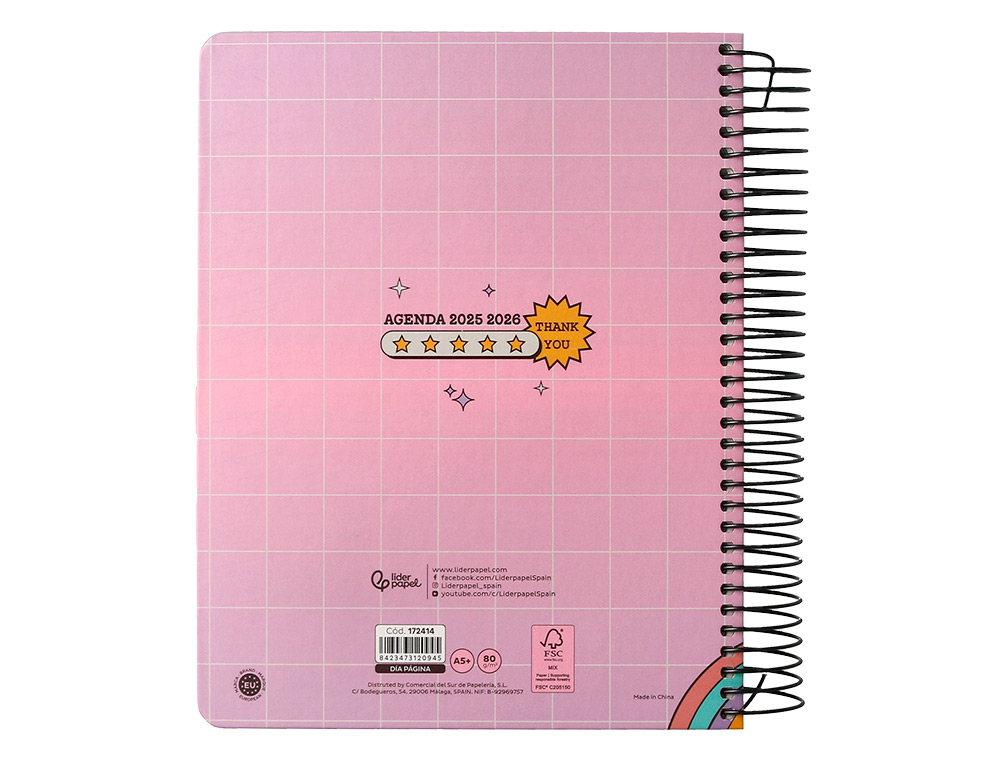 AGENDA ESCOLAR LIDERPAPEL 25-26 ESPIRAL PIXEL ROSA DIA PAGINA A5 BILINGE PAPEL FSC 80 GR