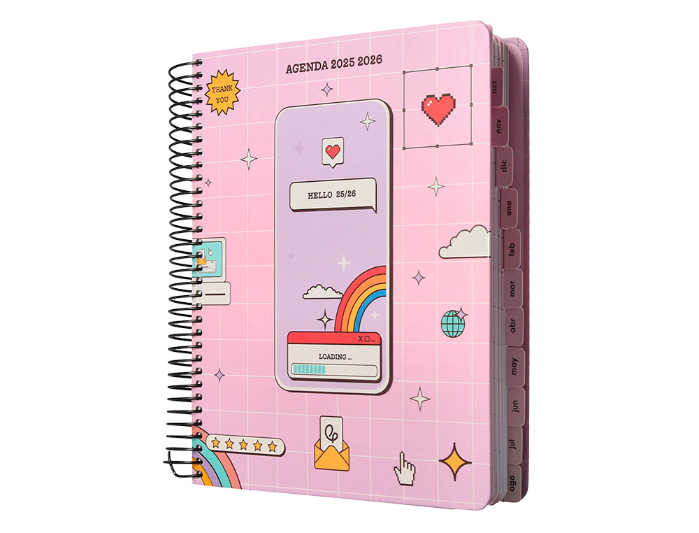 AGENDA ESCOLAR LIDERPAPEL 25-26 ESPIRAL PIXEL ROSA DIA PAGINA A5 BILINGE PAPEL FSC 80 GR