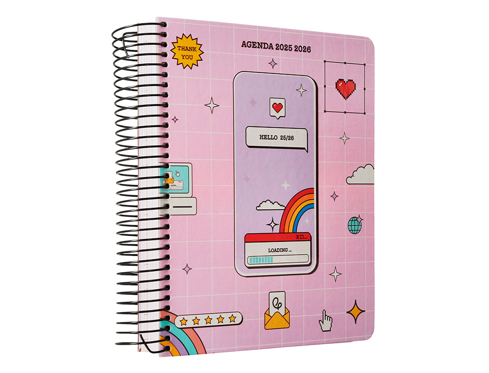 AGENDA ESCOLAR LIDERPAPEL 25-26 ESPIRAL PIXEL ROSA DIA PAGINA A5 BILINGE PAPEL FSC 80 GR