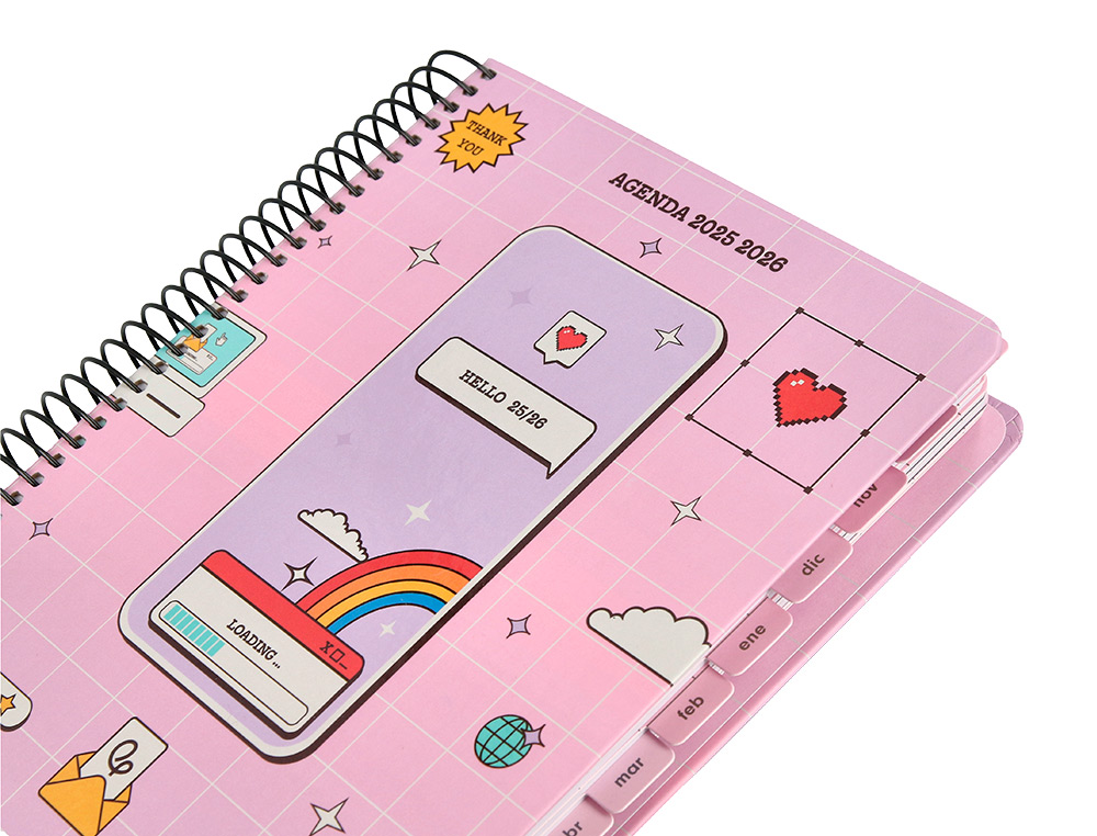 AGENDA ESCOLAR LIDERPAPEL 25-26 ESPIRAL PIXEL ROSA DIA PAGINA A5 BILINGE PAPEL FSC 80 GR