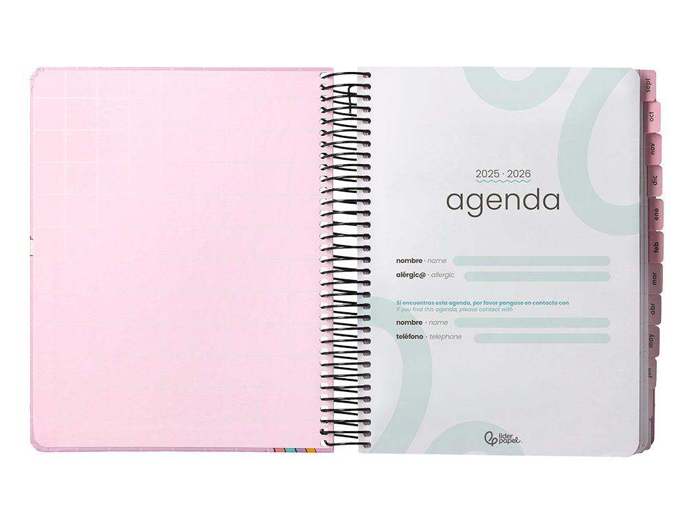 AGENDA ESCOLAR LIDERPAPEL 25-26 ESPIRAL PIXEL ROSA DIA PAGINA A5 BILINGE PAPEL FSC 80 GR
