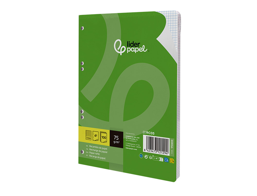 RECAMBIO LIDERPAPEL A5 100 HOJAS 75GR CUADRO 3MM CON MARGEN 6 TALADROS