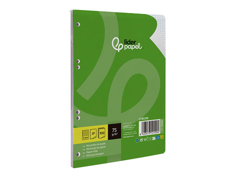 RECAMBIO LIDERPAPEL A5 100 HOJAS 75GR CUADRO 3MM CON MARGEN 6 TALADROS