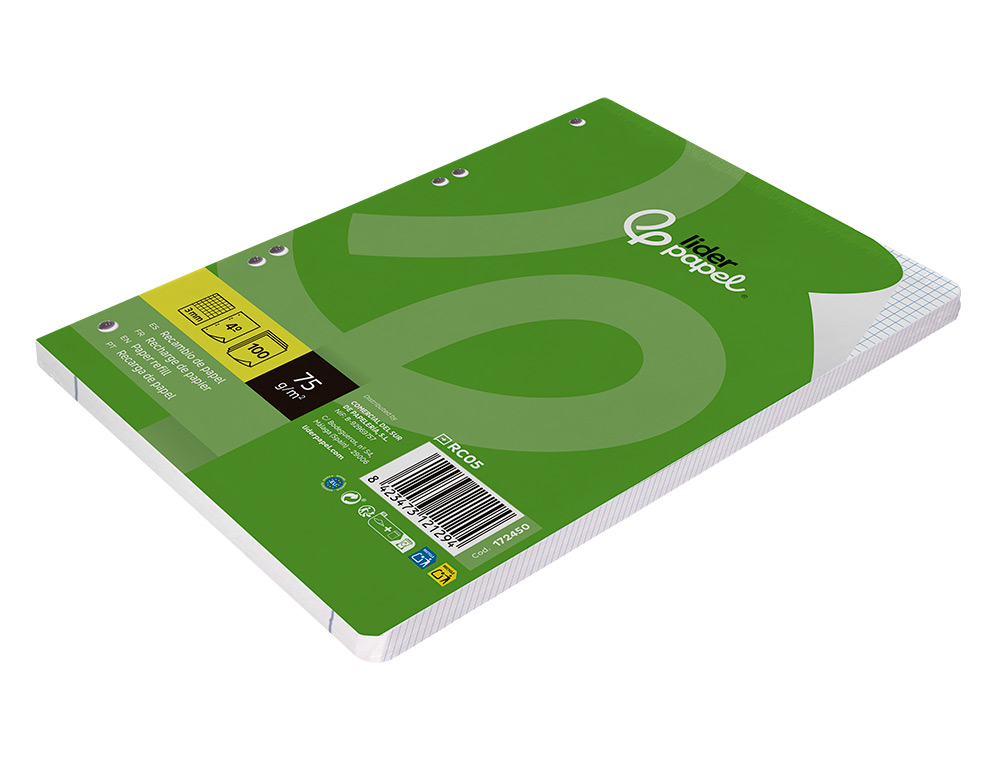 RECAMBIO LIDERPAPEL A5 100 HOJAS 75GR CUADRO 3MM CON MARGEN 6 TALADROS
