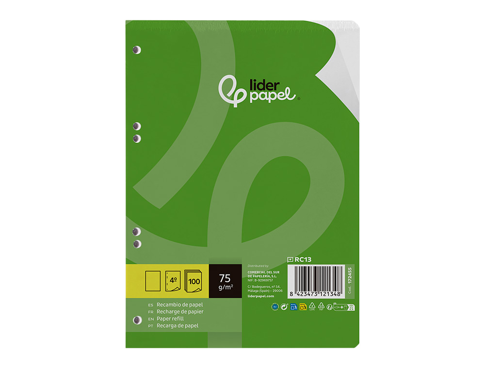 RECAMBIO LIDERPAPEL DIN A5 100 HOJAS 75 GR LISO SIN MARGEN 6 TALADROS