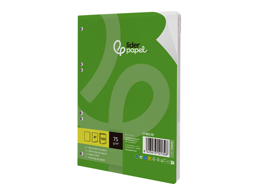RECAMBIO LIDERPAPEL DIN A5 100 HOJAS 75 GR LISO SIN MARGEN 6 TALADROS