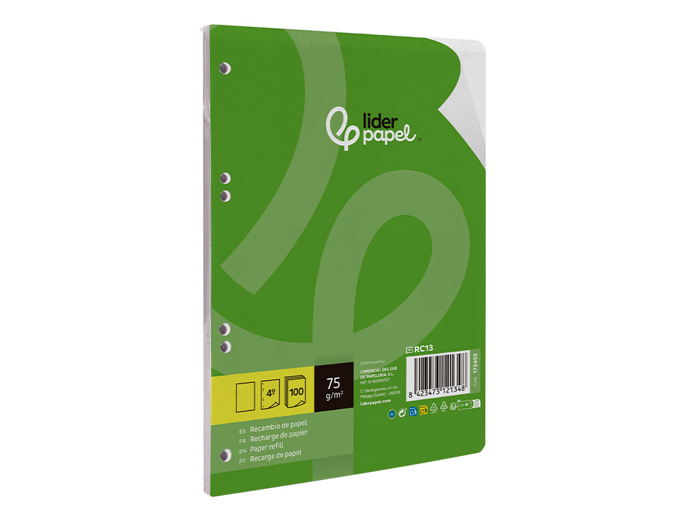 RECAMBIO LIDERPAPEL DIN A5 100 HOJAS 75 GR LISO SIN MARGEN 6 TALADROS