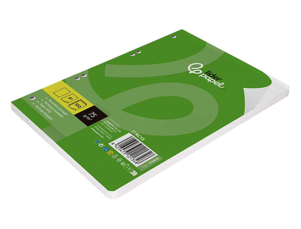 RECAMBIO LIDERPAPEL DIN A5 100 HOJAS 75 GR LISO SIN MARGEN 6 TALADROS