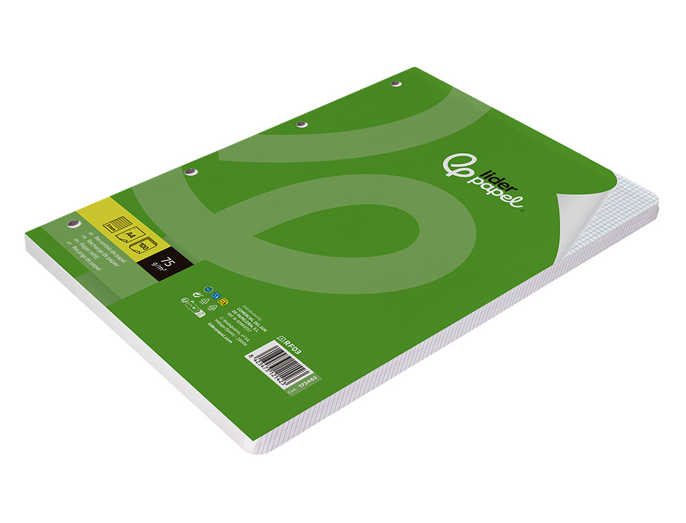 RECAMBIO LIDERPAPEL DIN A4 100 HOJAS 75 GR CUADRO 3 MM CON MARGEN 4 TALADROS
