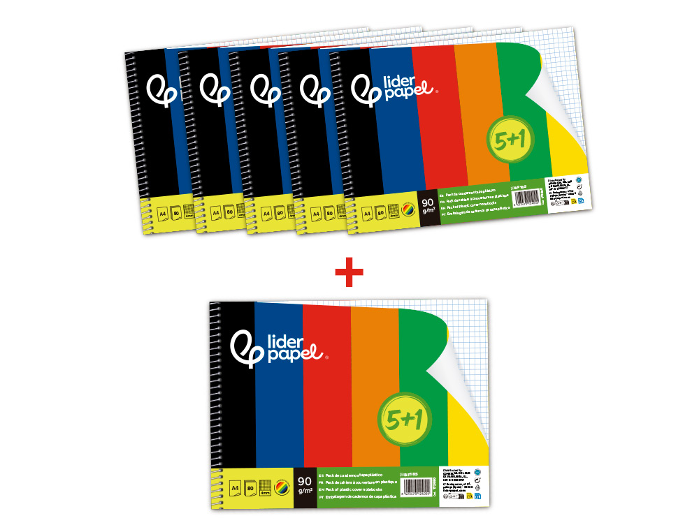 CUADERNO ESPIRAL LIDERPAPEL A4 SMART TAPA BLANDA 80H 75GR CUADRO 4 MM CON MARGEN PACK 5+1 COLORES SURTIDOS