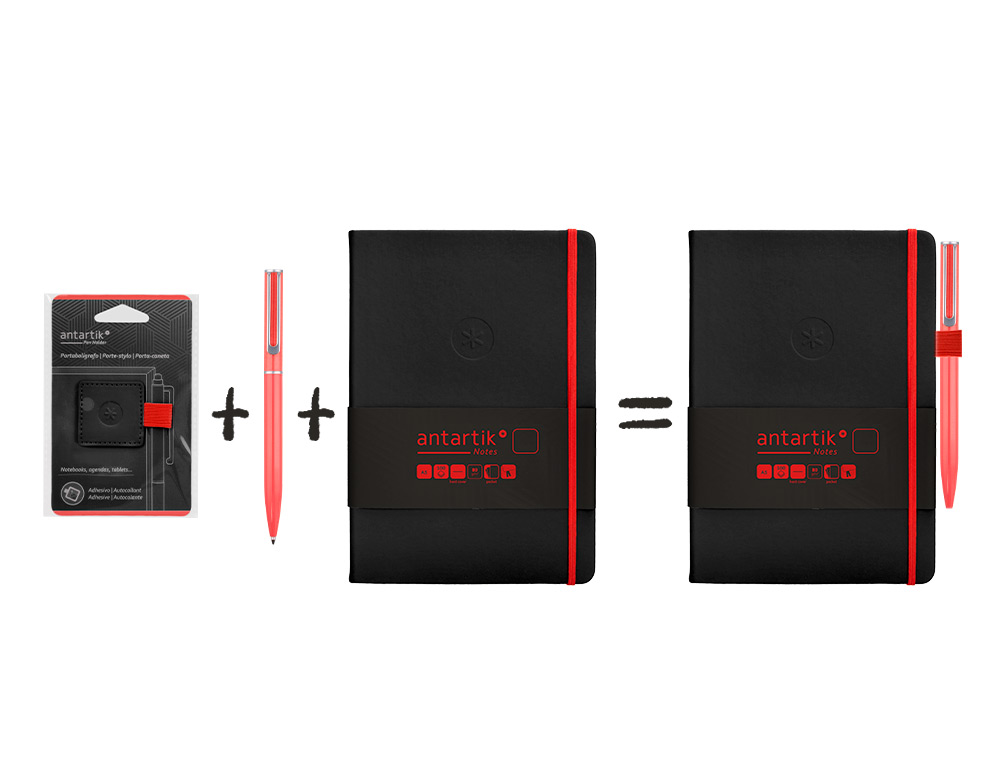 PORTABOLIGRAFO AUTOADHESIVO ANTARTIK PARA CUADERNO NOTE CON ELASTICO HASTA 15 MM GROSOR 80 MM NEGRO Y ROJO