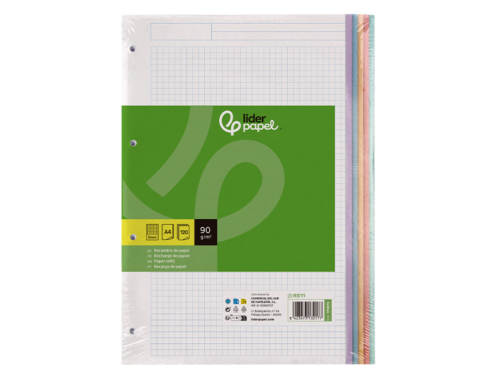 RECAMBIO LIDERPAPEL A4 120 HOJAS 90GR CUADRO 5 MM 4 TALADROS BANDAS DE 5 COLORES PASTELES
