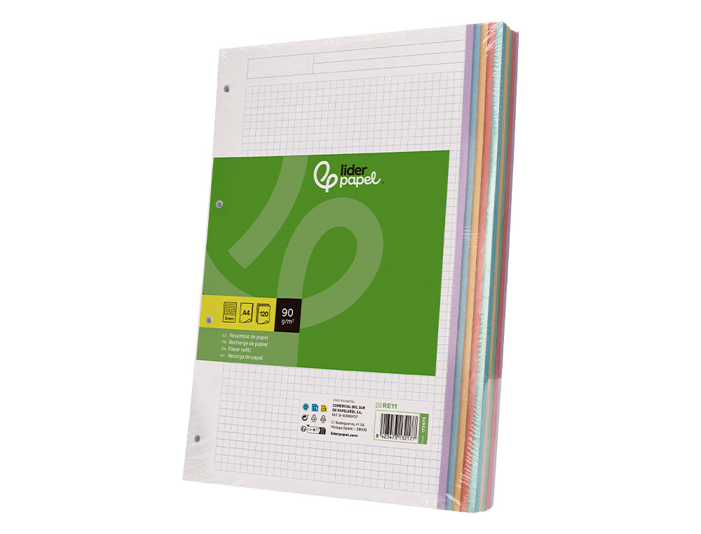 RECAMBIO LIDERPAPEL A4 120 HOJAS 90GR CUADRO 5 MM 4 TALADROS BANDAS DE 5 COLORES PASTELES