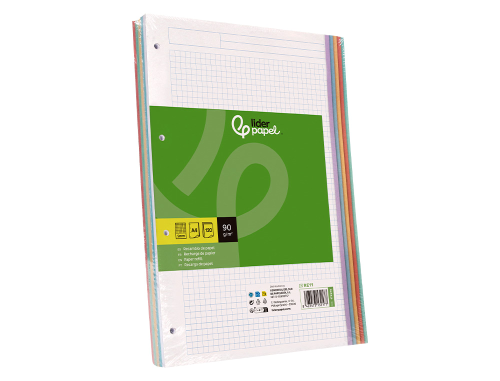 RECAMBIO LIDERPAPEL A4 120 HOJAS 90GR CUADRO 5 MM 4 TALADROS BANDAS DE 5 COLORES PASTELES