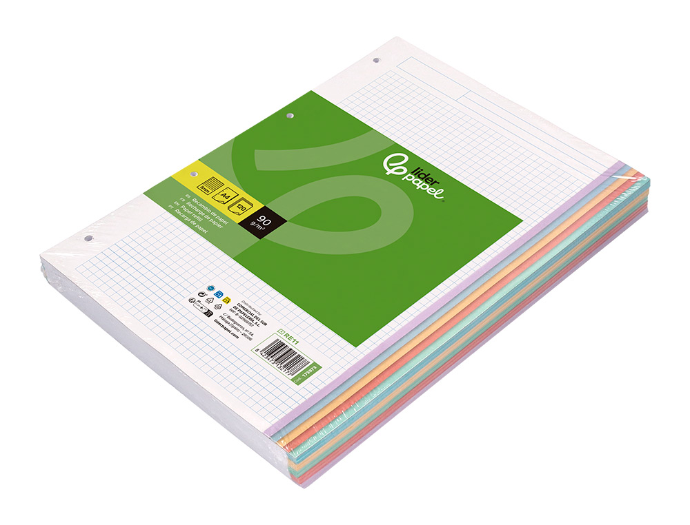 RECAMBIO LIDERPAPEL A4 120 HOJAS 90GR CUADRO 5 MM 4 TALADROS BANDAS DE 5 COLORES PASTELES