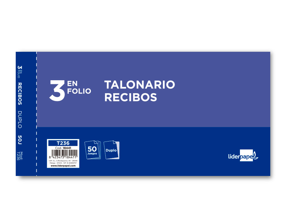 TALONARIO LIDERPAPEL RECIBOS 3/Fº ORIGINAL Y COPIA T236 SIN MATRIZ