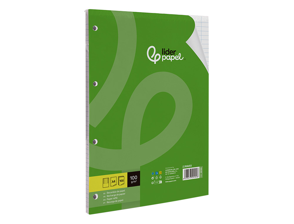 RECAMBIO LIDERPAPEL A4 100 HOJAS 100GR HORIZONTAL CON DOBLE MARGEN 4 TALADROS