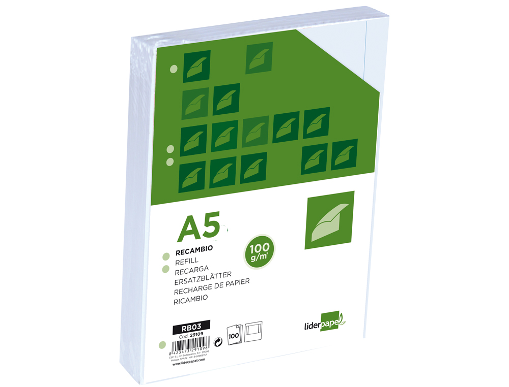 RECAMBIO LIDERPAPEL A5 100H 100GR LISO DOBLE MARGEN 6 TALADROS