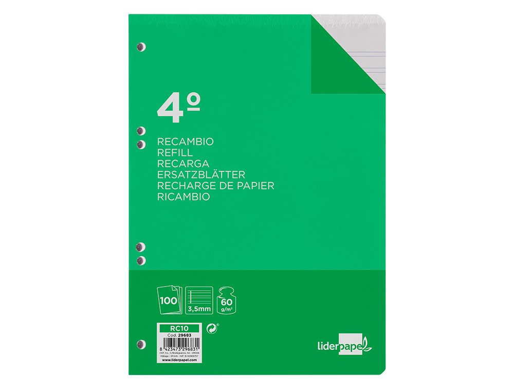 RECAMBIO LIDERPAPEL CUARTO 100 HOJAS 60GR PAUTA 4 3.5MM CON MARGEN 6 TALADROS