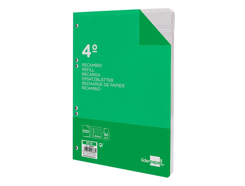 RECAMBIO LIDERPAPEL CUARTO 100 HOJAS 60GR PAUTA 4 3.5MM CON MARGEN 6 TALADROS