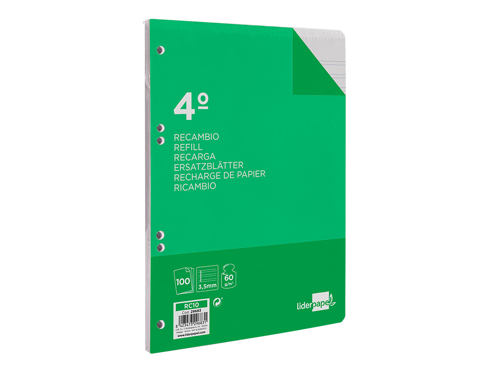 RECAMBIO LIDERPAPEL CUARTO 100 HOJAS 60GR PAUTA 4 3.5MM CON MARGEN 6 TALADROS