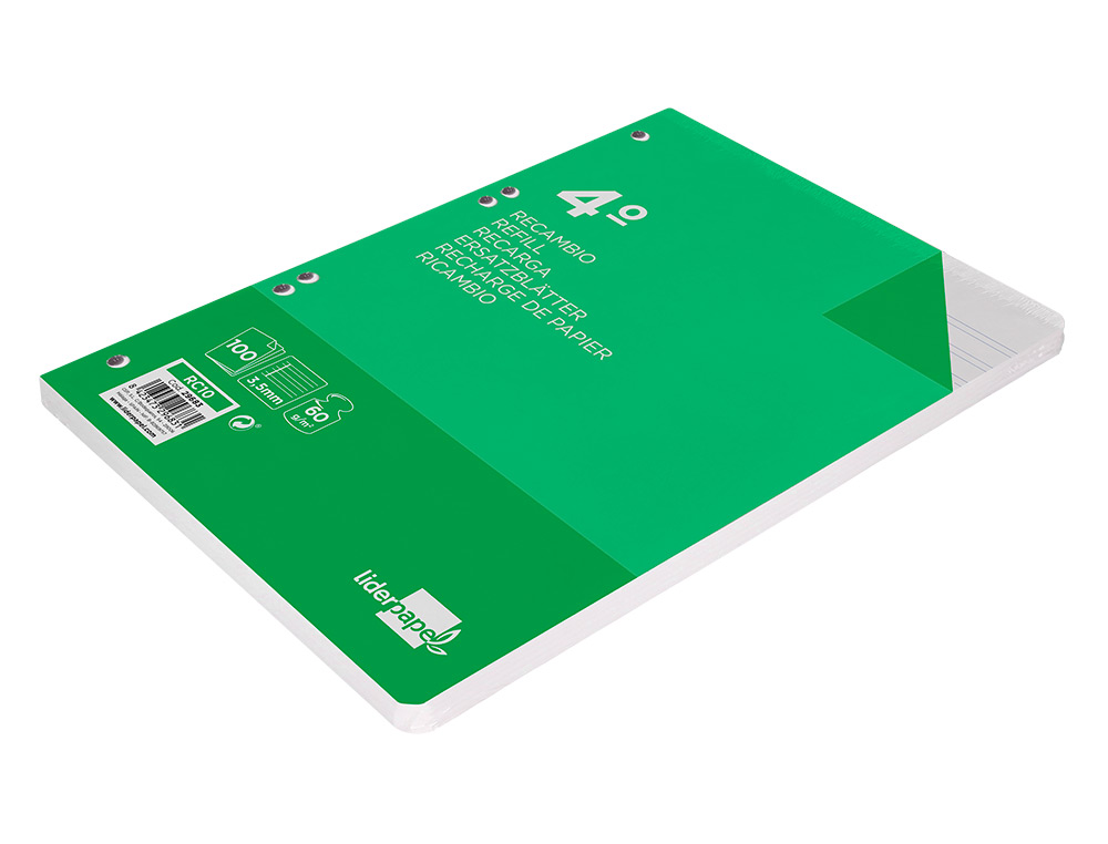 RECAMBIO LIDERPAPEL CUARTO 100 HOJAS 60GR PAUTA 4 3.5MM CON MARGEN 6 TALADROS