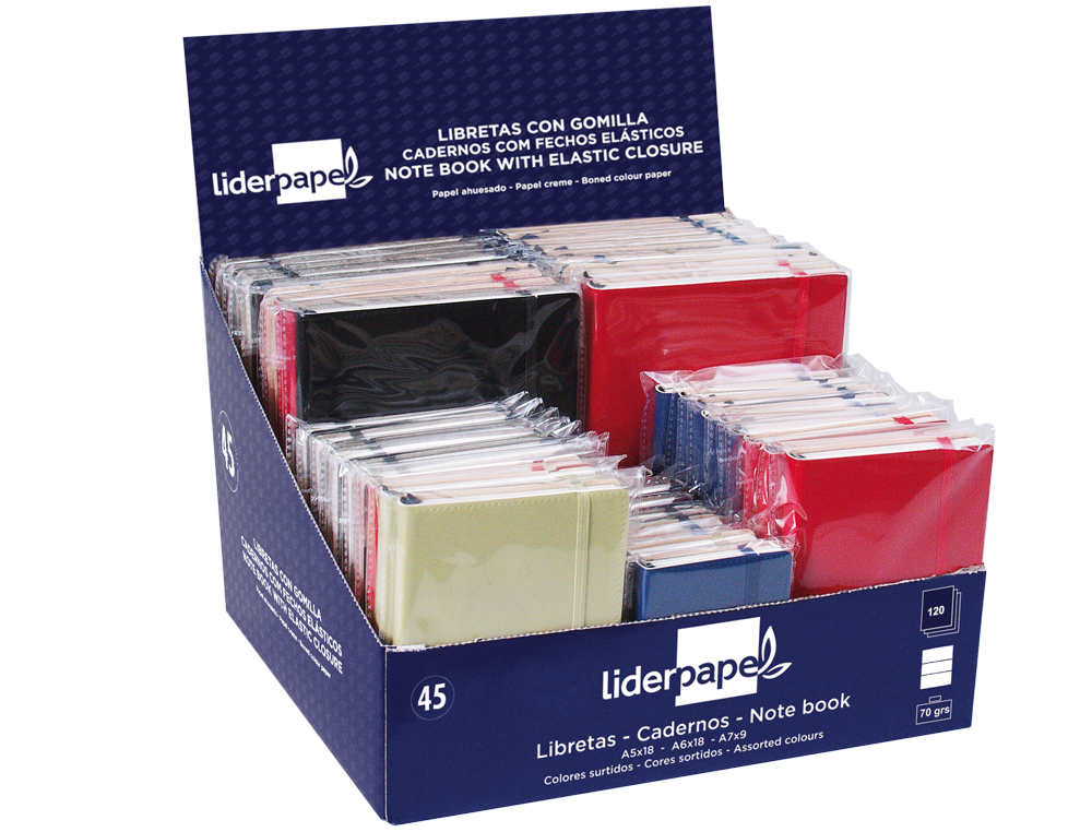 LIBRETA LIDERPAPEL SIMIL PIEL 120 HOJAS 70G/M2 CUADRO 4MM + INDICE EXPOSITOR DE 45 UNIDADES COLORES SURTIDOS