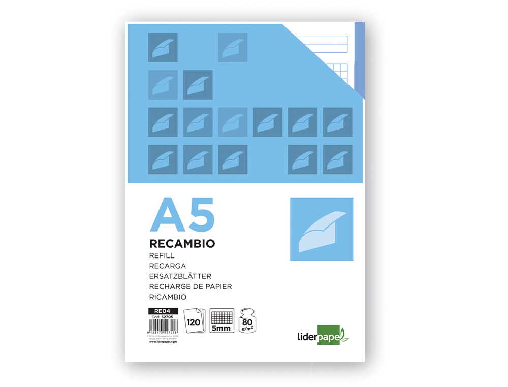 RECAMBIO LIDERPAPEL A5 120 HOJAS 75GR CUADRO 5MM SIN MA RGEN 6 TALADROS BANDAS DE 5 COLORES