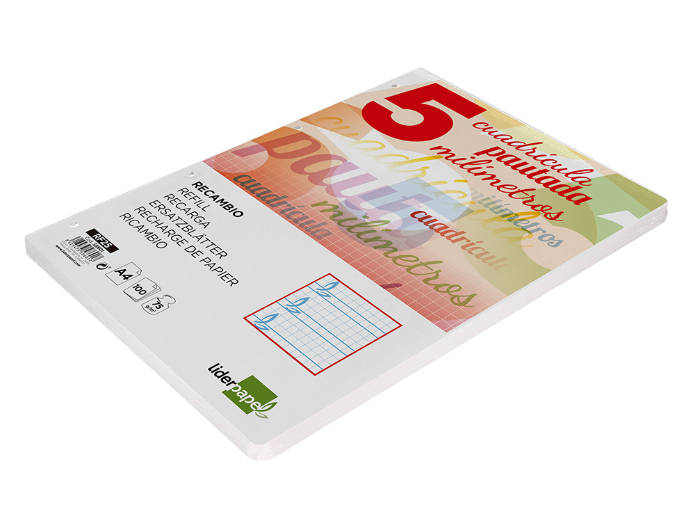 RECAMBIO LIDERPAPEL A4 PAUTAGUIA 100 HOJAS 75 G CUADRICULADO PAUTADO 5MM CON MARGEN 4 TALADROS