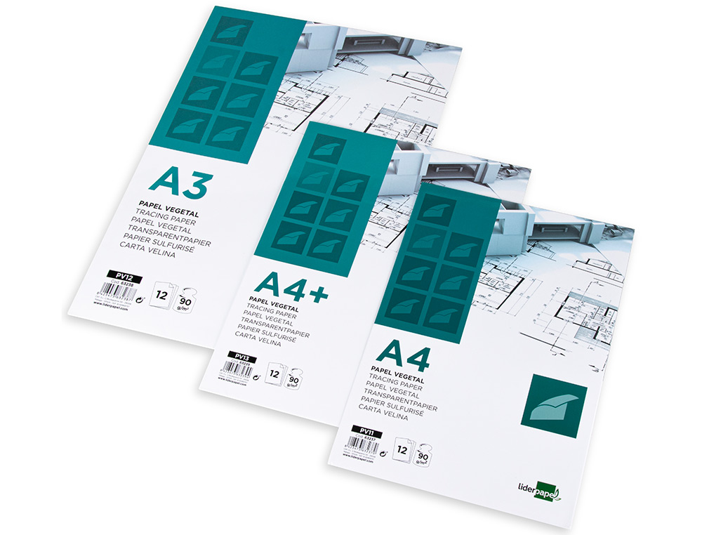PAPEL VEGETAL LIDERPAPEL A4+ 90 GR 240X320MM SOBRE DE 12 HOJAS