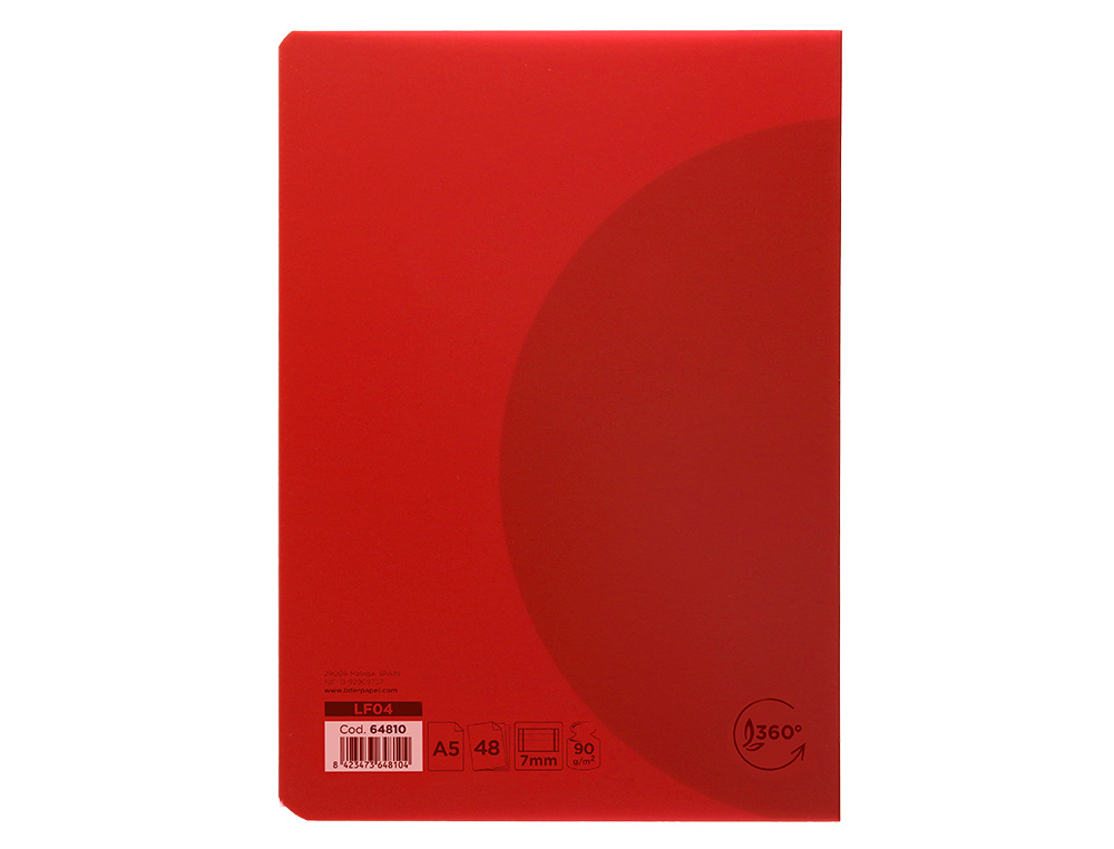 LIBRETA LIDERPAPEL 360 TAPA DE PLASTICO A5 48 HOJAS 90G/M2 HORIZONTAL CON DOBLE MARGEN COLORES SURTIDOS