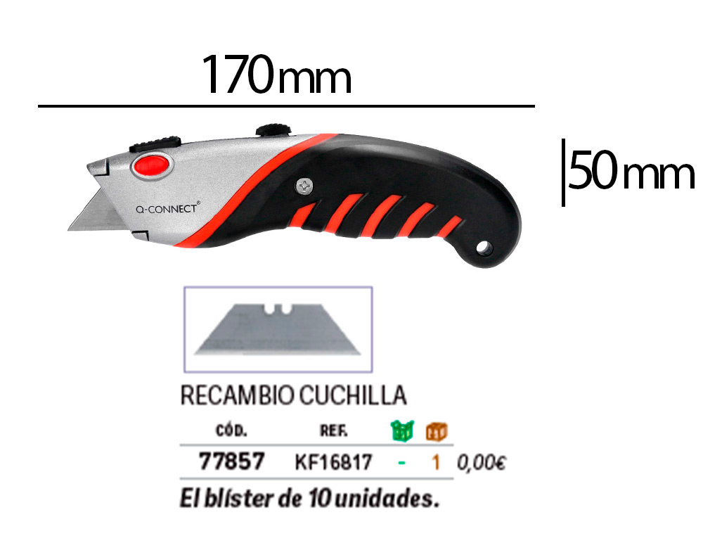 CUTER Q-CONNECT METALICO ANCHO ALEACION DE ALUMINIO - 2 CUCHILLAS DE REPUESTO - CUCHILLA 19 MM XD-8300 BLISTER 1 UNIDA