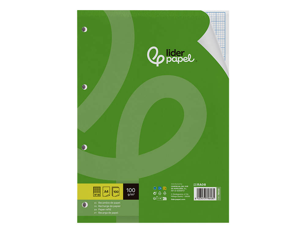 RECAMBIO LIDERPAPEL A4 100 HOJAS 100GR RAYADO Nº 46 4 TALADROS